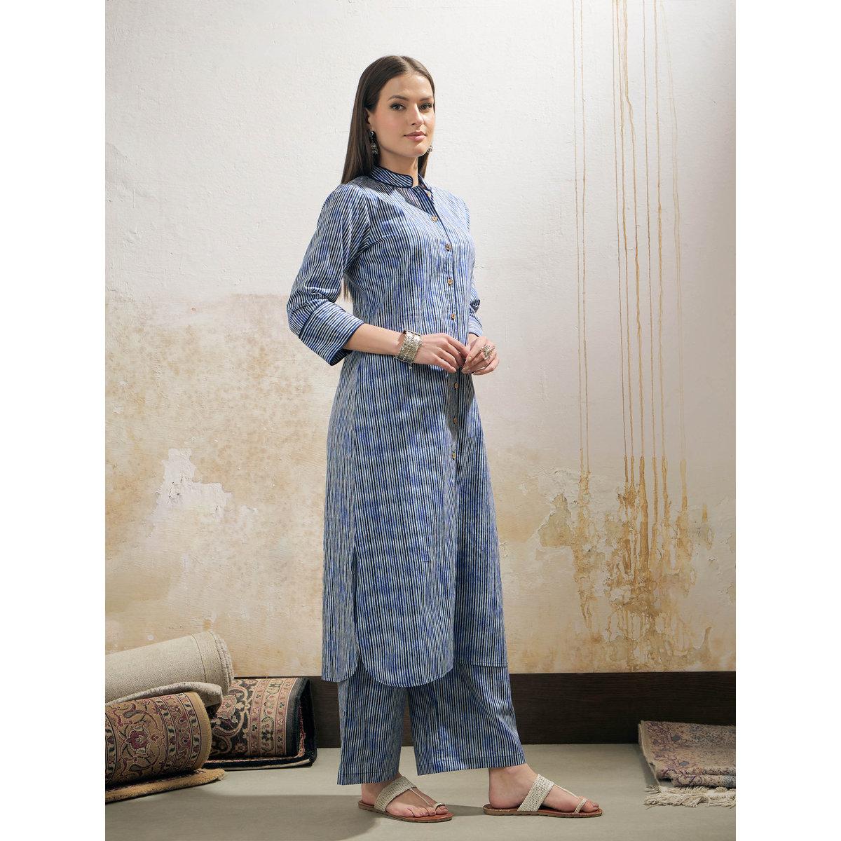Shae by SASSAFRAS Blue Stripes Cambric Front Button Kurta with Pencil Pants Set-women-clothing-ethnicwear-kurtasets-image-3