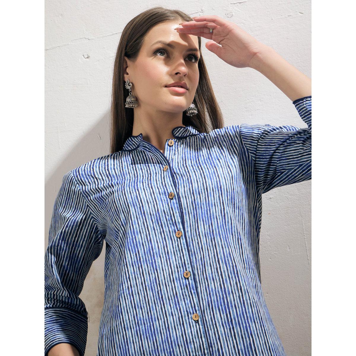 Shae by SASSAFRAS Blue Stripes Cambric Front Button Kurta with Pencil Pants Set-women-clothing-ethnicwear-kurtasets-image-4