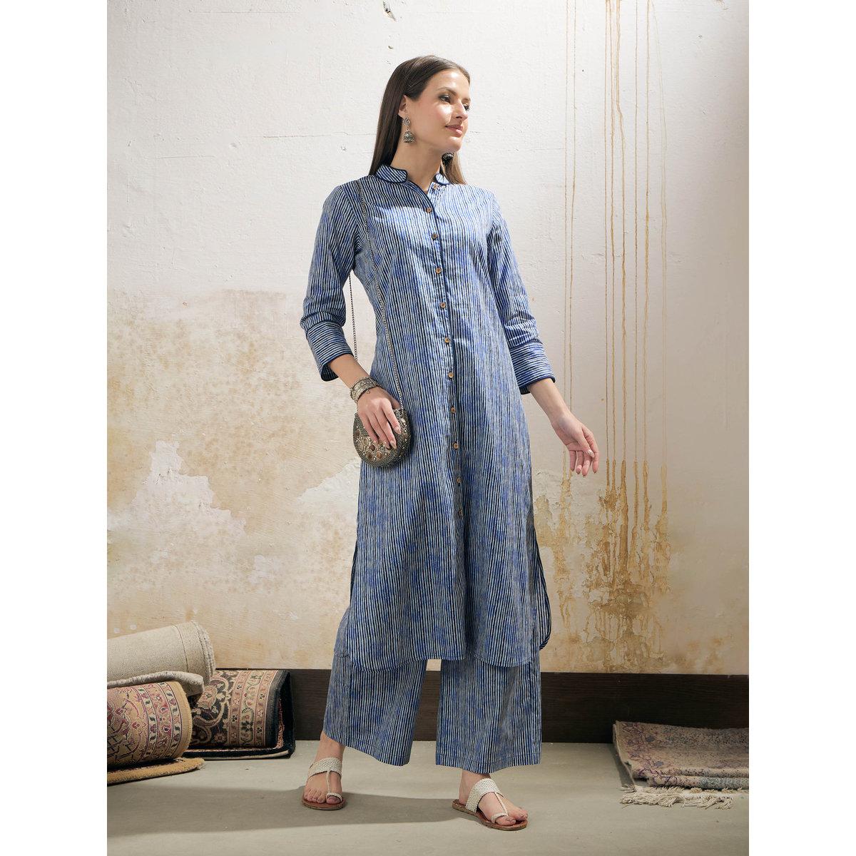 Shae by SASSAFRAS Blue Stripes Cambric Front Button Kurta with Pencil Pants Set-women-clothing-ethnicwear-kurtasets-image-6