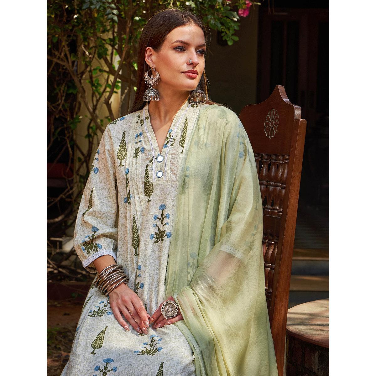 طقم من كورتا بطبعة زهور مع بنطال ودوباتا-women-clothing-ethnicwear-sareesets-image-1