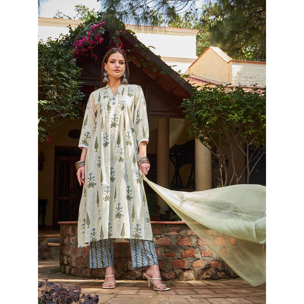 Shae by SASSAFRAS White Floral Cambric Kurta with Pencil Pants and Dupatta Set-women-clothing-ethnicwear-sareesets-image-2