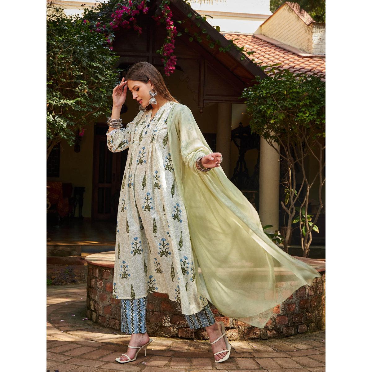 طقم من كورتا بطبعة زهور مع بنطال ودوباتا-women-clothing-ethnicwear-sareesets-image-3