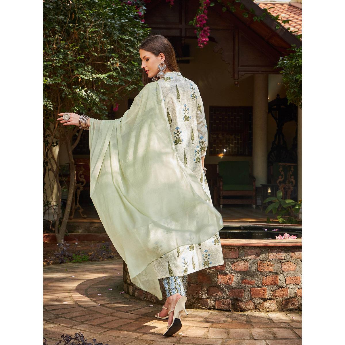 طقم من كورتا بطبعة زهور مع بنطال ودوباتا-women-clothing-ethnicwear-sareesets-image-6