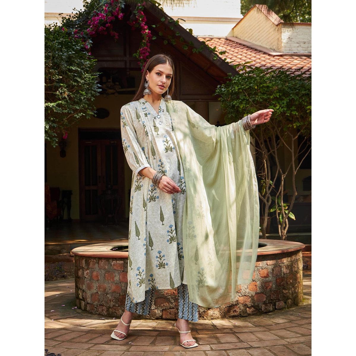 طقم من كورتا بطبعة زهور مع بنطال ودوباتا-women-clothing-ethnicwear-sareesets-image-7