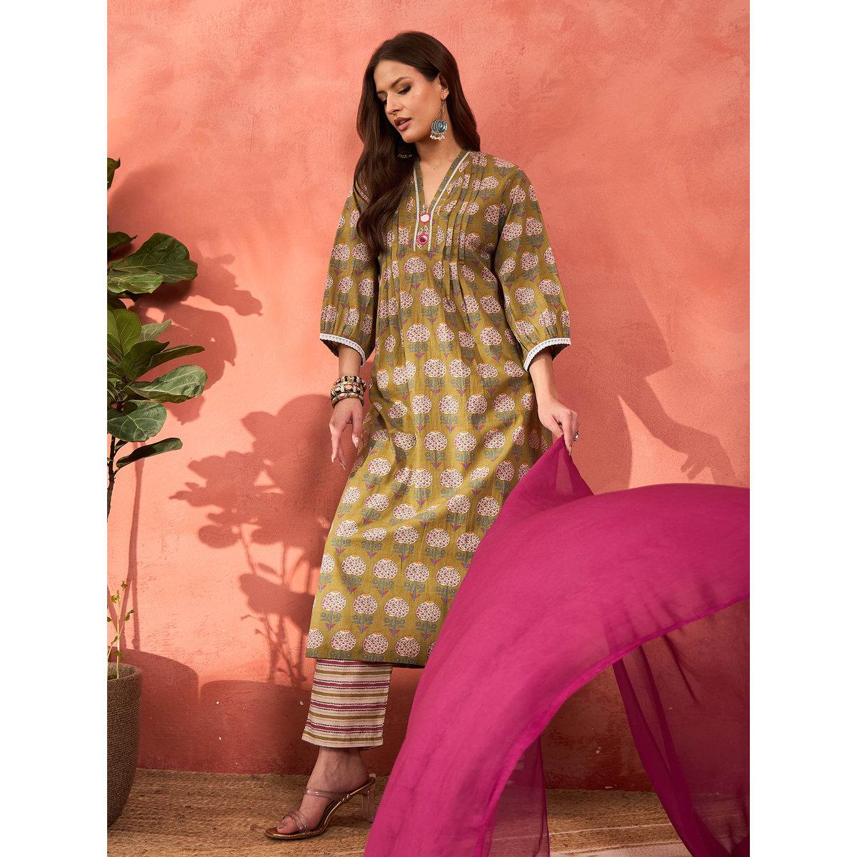 طقم من كورتا بطبعة زهور مع بنطال ودوباتا-women-clothing-ethnicwear-sareesets-image-1