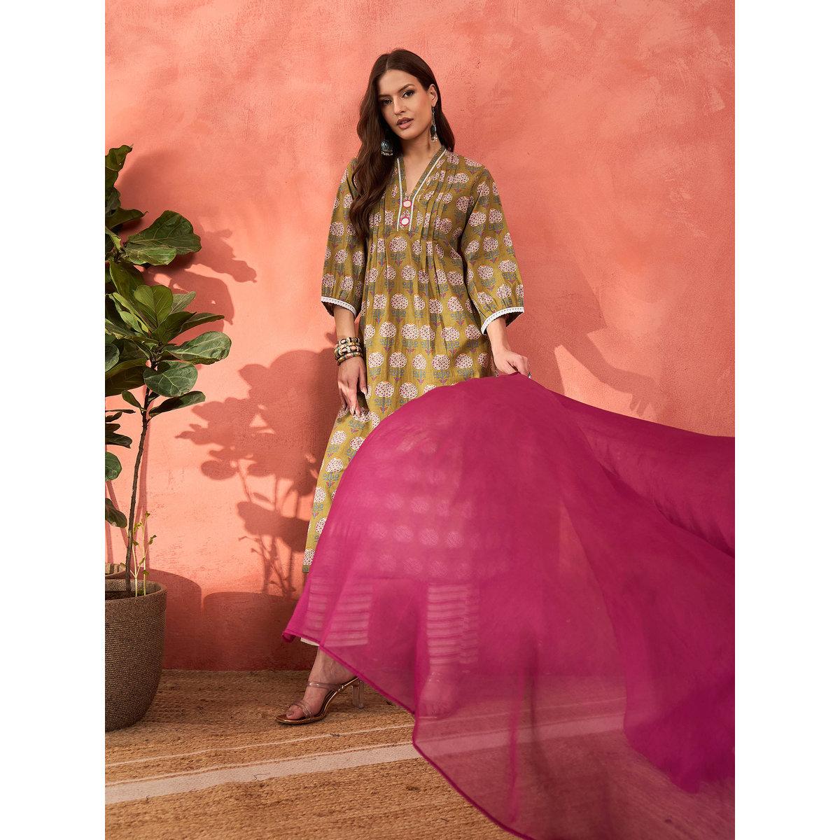 طقم من كورتا بطبعة زهور مع بنطال ودوباتا-women-clothing-ethnicwear-sareesets-image-2
