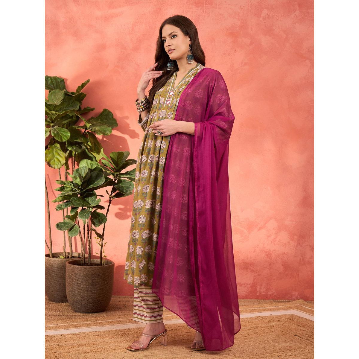 طقم من كورتا بطبعة زهور مع بنطال ودوباتا-women-clothing-ethnicwear-sareesets-image-3