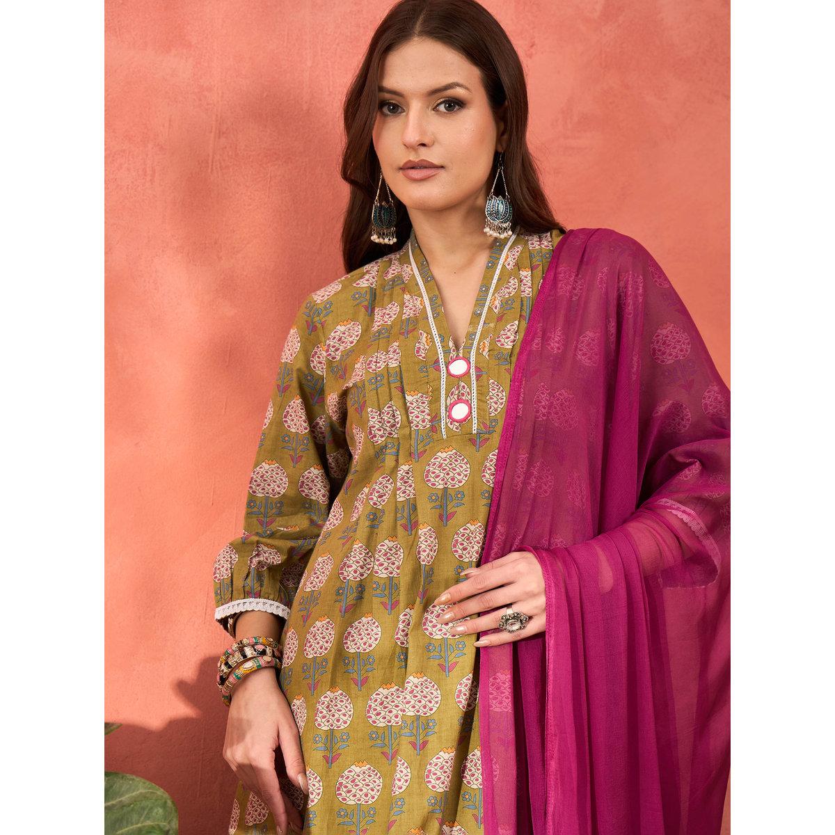طقم من كورتا بطبعة زهور مع بنطال ودوباتا-women-clothing-ethnicwear-sareesets-image-4
