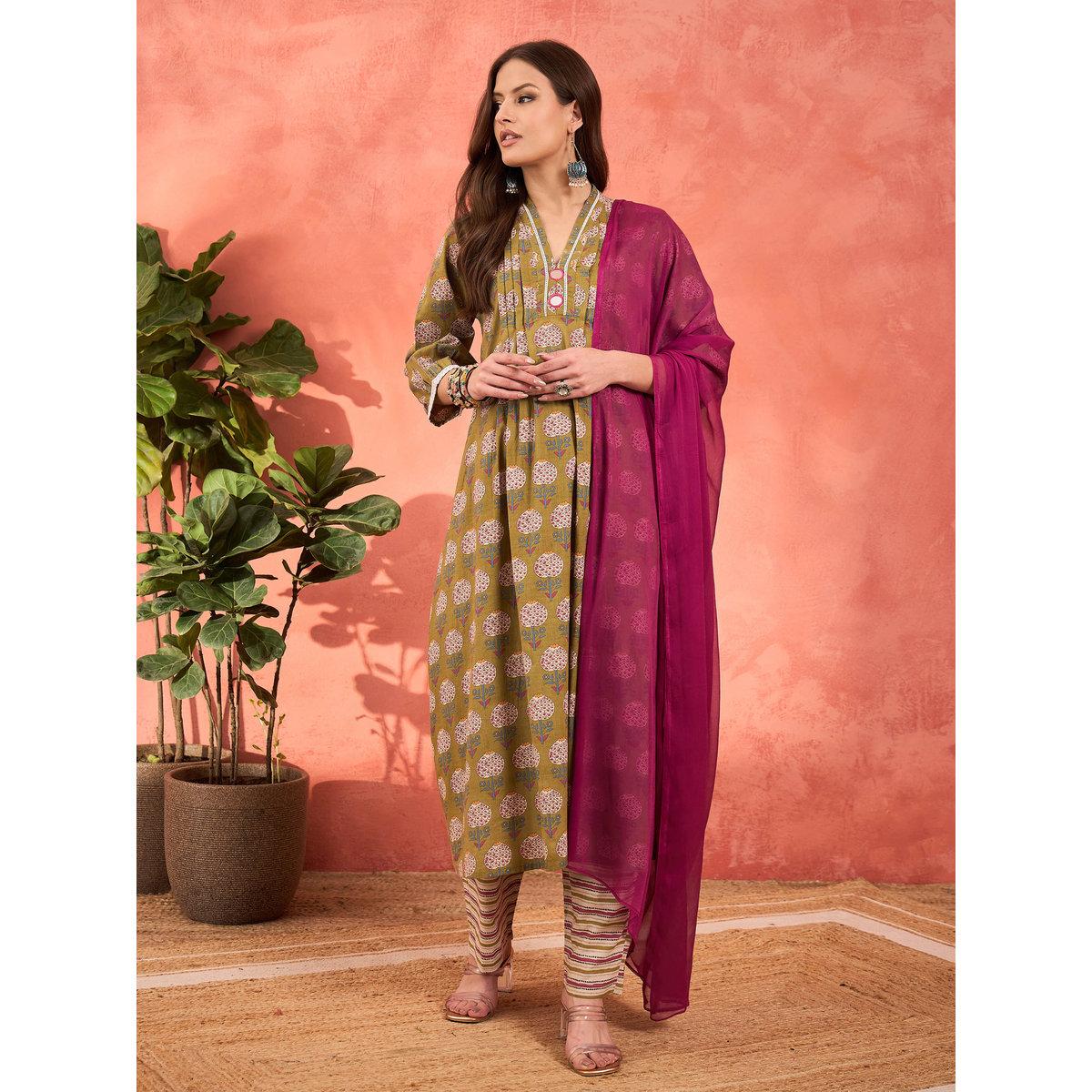 طقم من كورتا بطبعة زهور مع بنطال ودوباتا-women-clothing-ethnicwear-sareesets-image-5