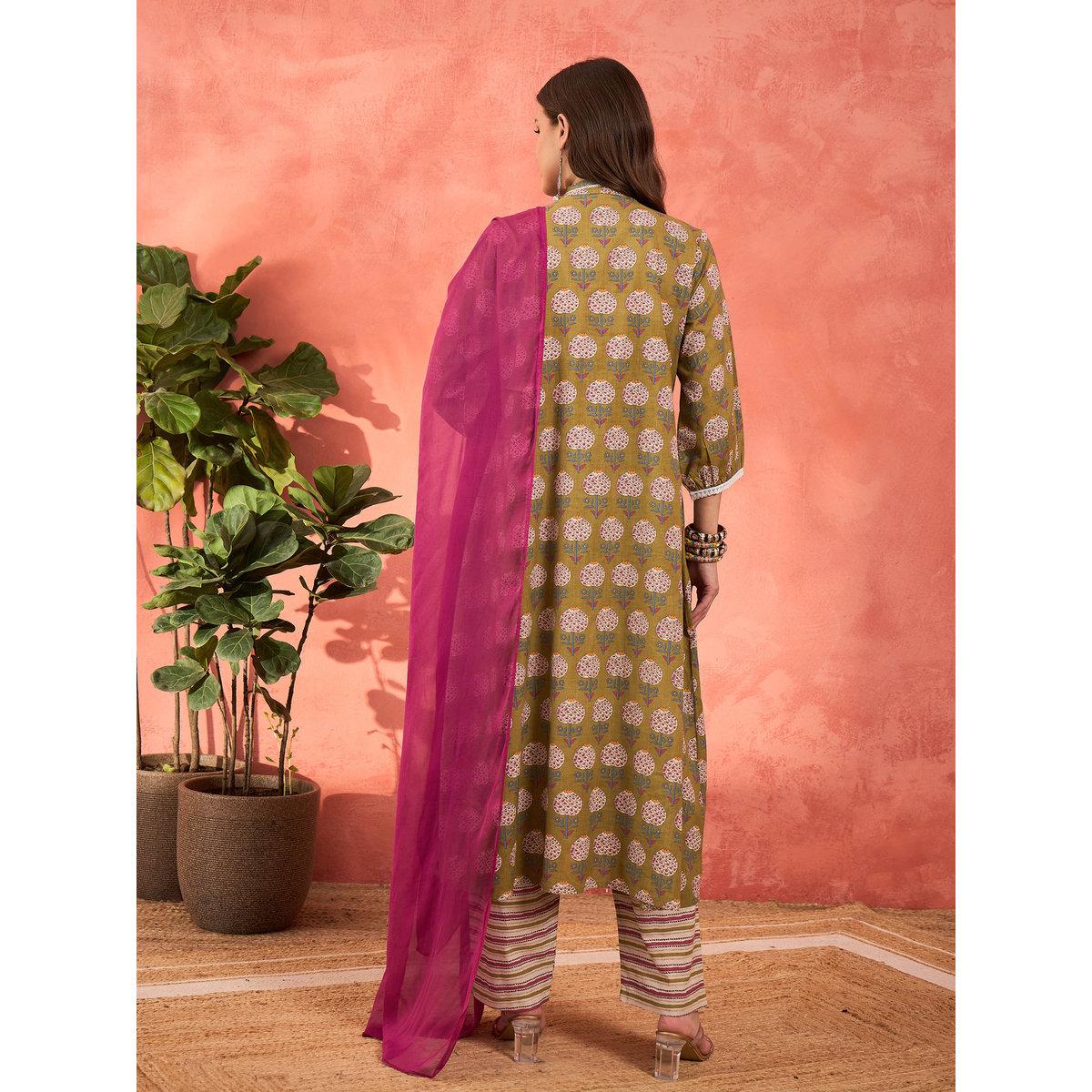 Shae by SASSAFRAS Green Floral Cambric Kurta with Pencil Pants and Dupatta Set-women-clothing-ethnicwear-sareesets-image-6