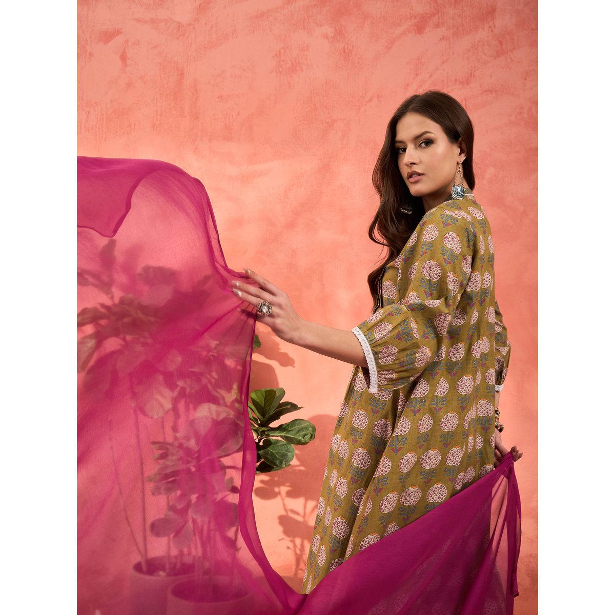 Shae by SASSAFRAS Green Floral Cambric Kurta with Pencil Pants and Dupatta Set-women-clothing-ethnicwear-sareesets-image-8