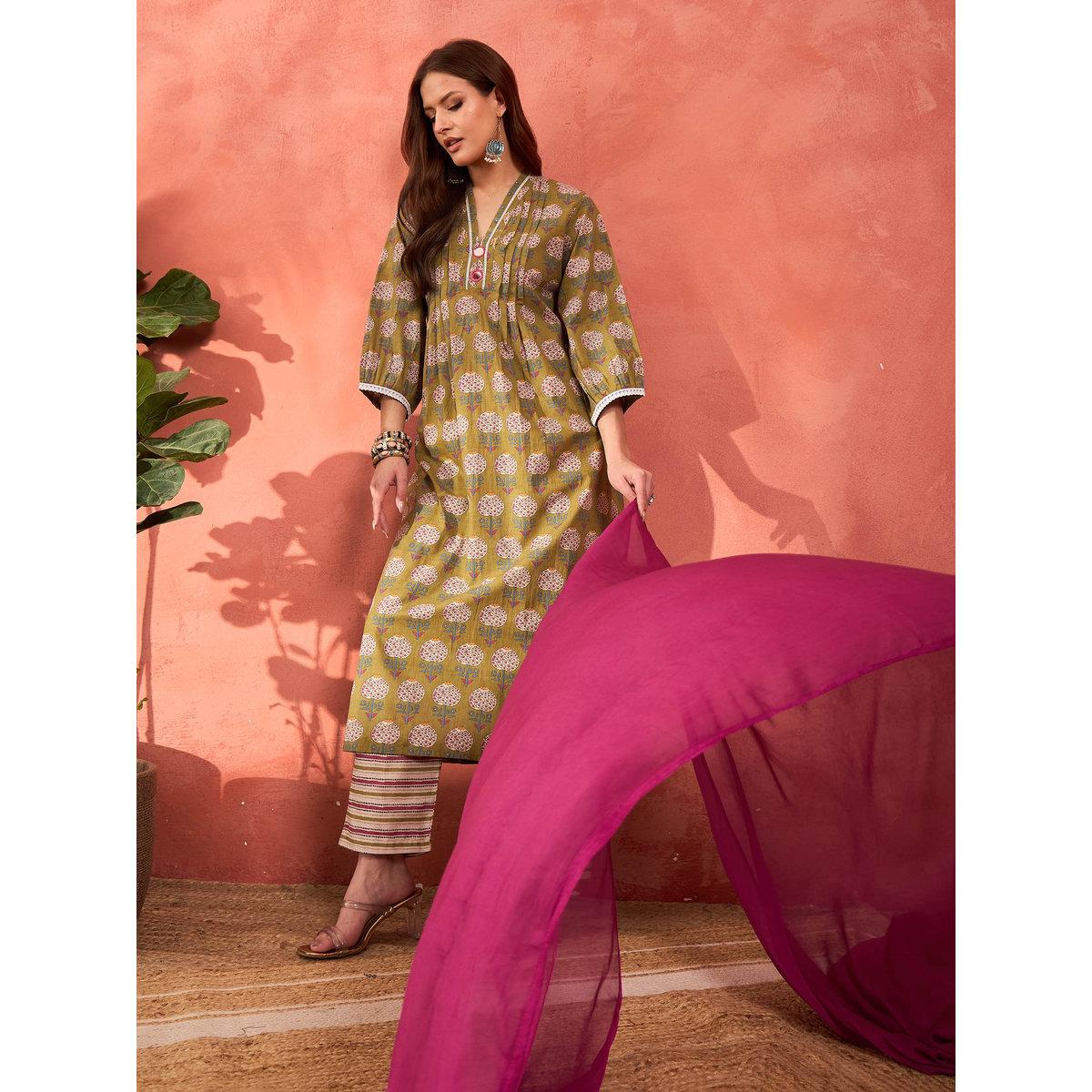 طقم من كورتا بطبعة زهور مع بنطال ودوباتا-women-clothing-ethnicwear-sareesets-image-9