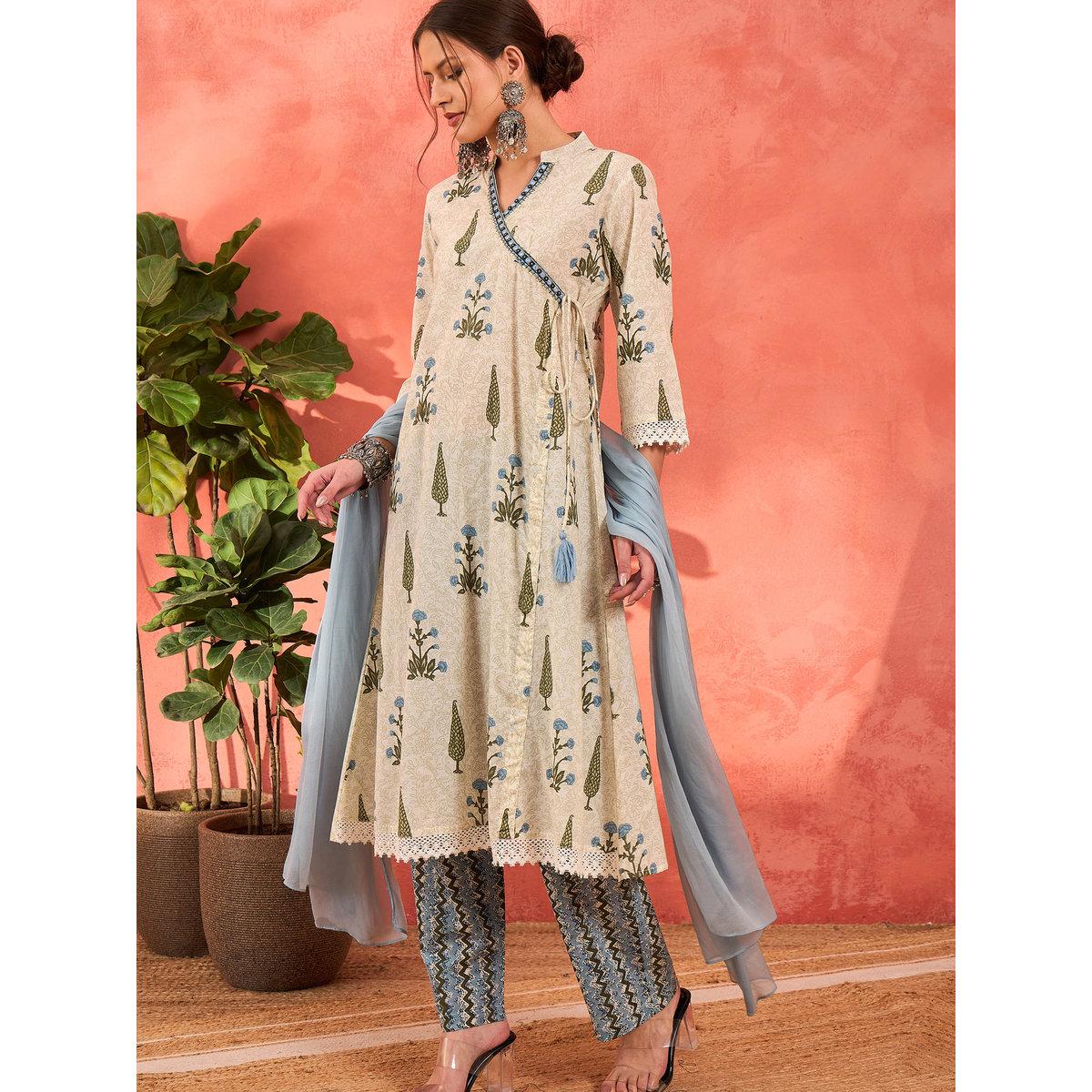 طقم من كورتا بطبعة زهور مع بنطال ودوباتا-women-clothing-ethnicwear-sareesets-image-1