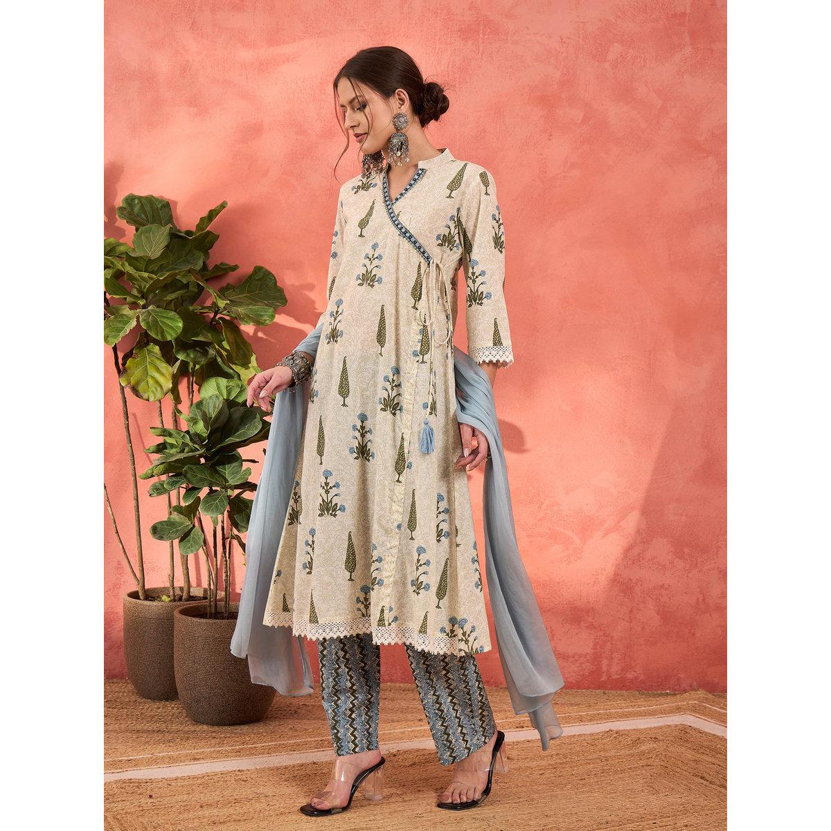 طقم من كورتا بطبعة زهور مع بنطال ودوباتا-women-clothing-ethnicwear-sareesets-image-10