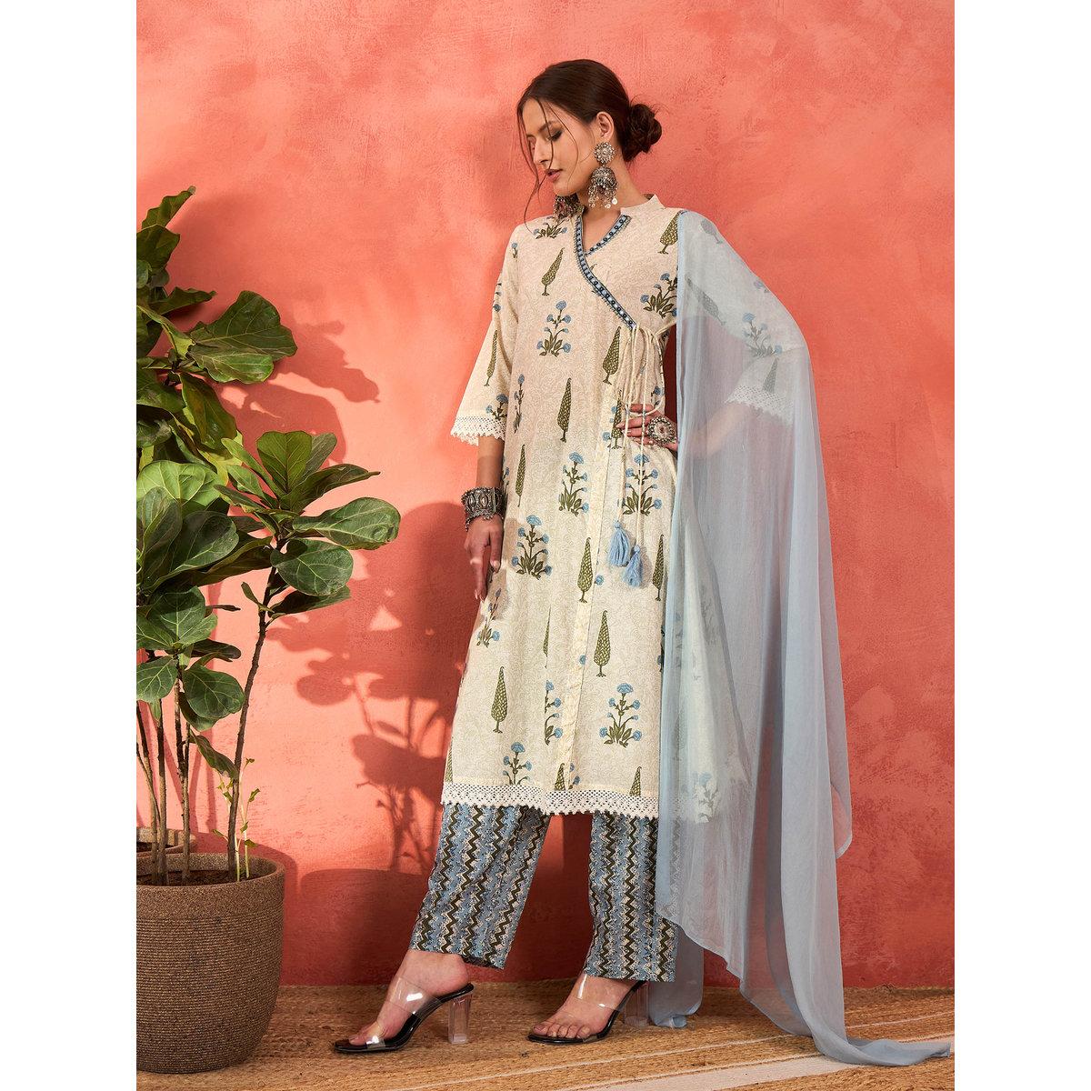 طقم من كورتا بطبعة زهور مع بنطال ودوباتا-women-clothing-ethnicwear-sareesets-image-2