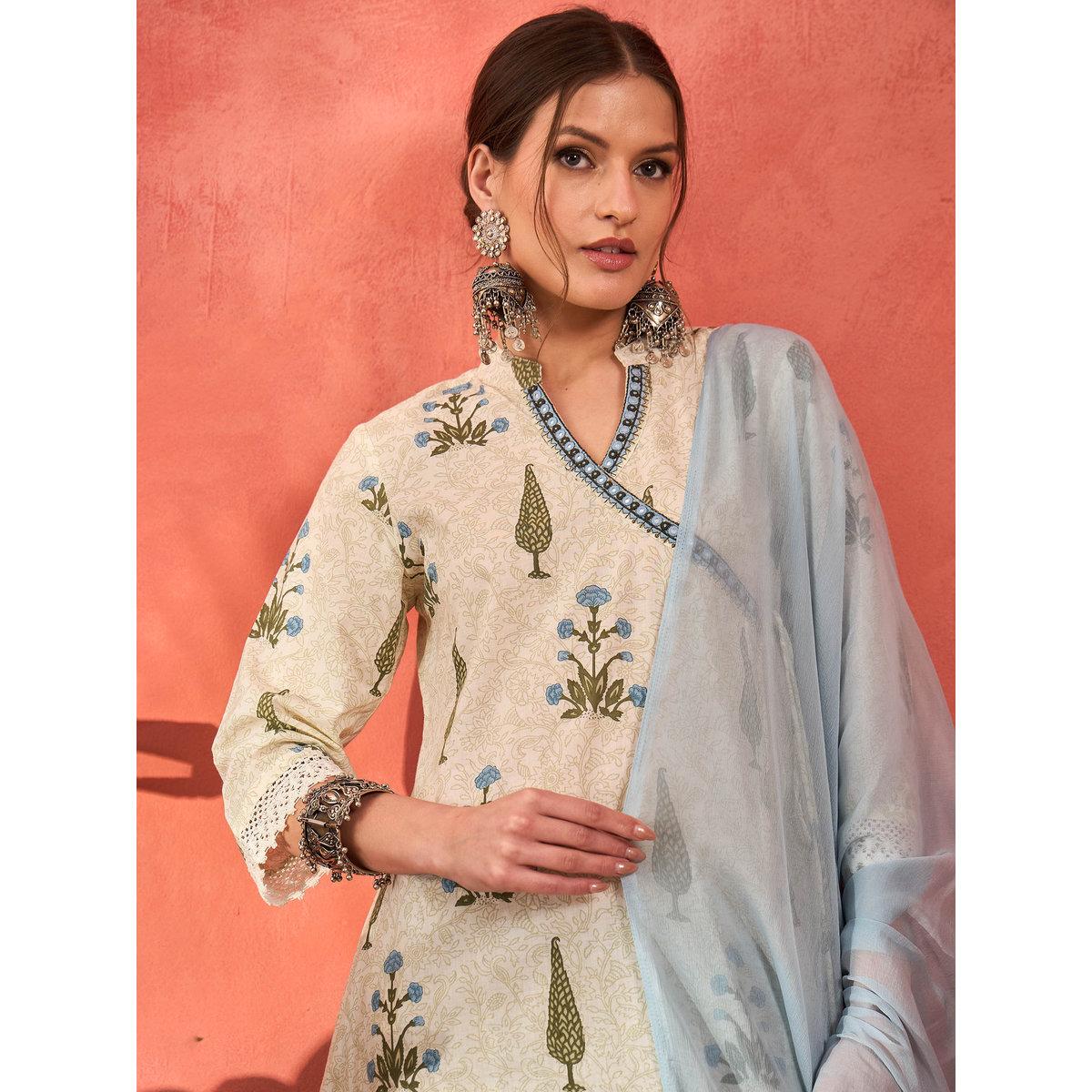 طقم من كورتا بطبعة زهور مع بنطال ودوباتا-women-clothing-ethnicwear-sareesets-image-3