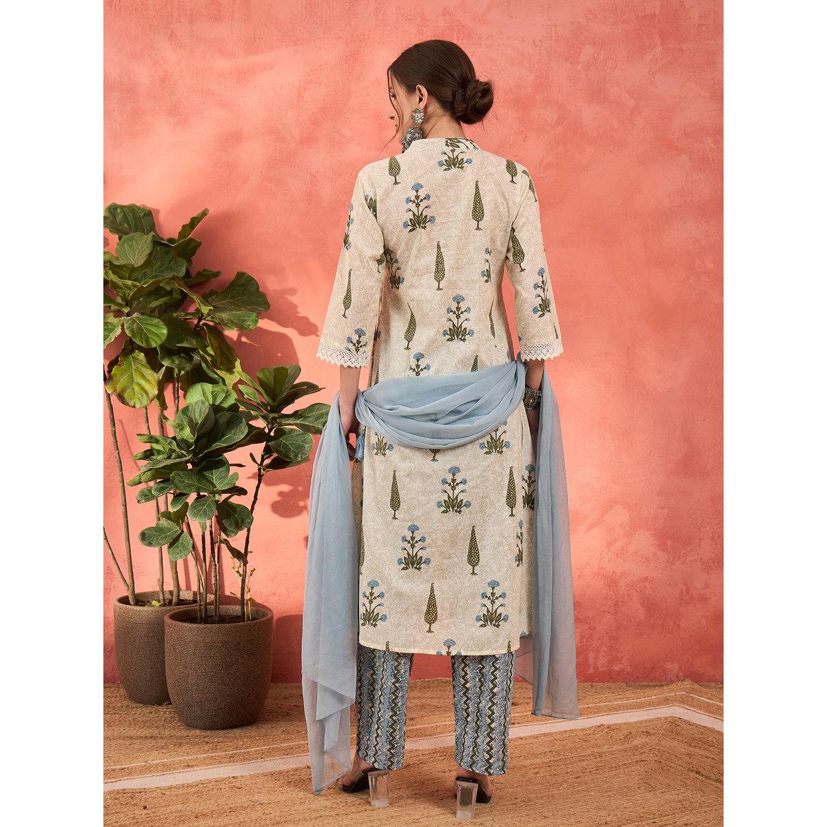 طقم من كورتا بطبعة زهور مع بنطال ودوباتا-women-clothing-ethnicwear-sareesets-image-7
