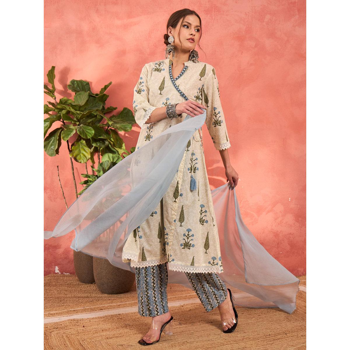 طقم من كورتا بطبعة زهور مع بنطال ودوباتا-women-clothing-ethnicwear-sareesets-image-9