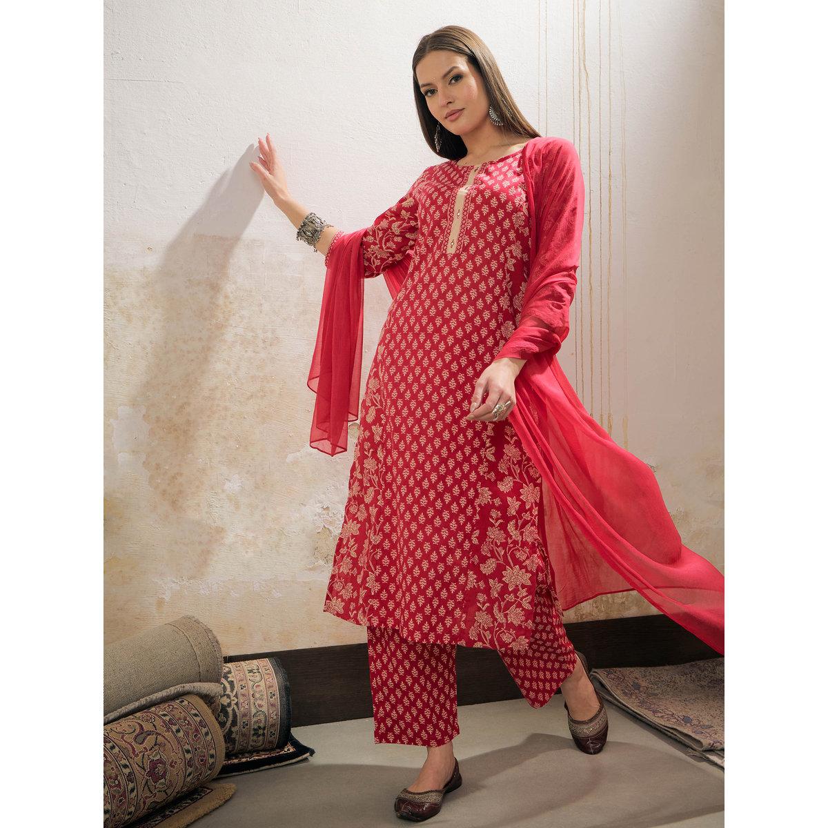 Shae by SASSAFRAS Pink Floral Cambric Kurta with Pencil Pants and Dupatta Set-women-clothing-ethnicwear-sareesets-image-1