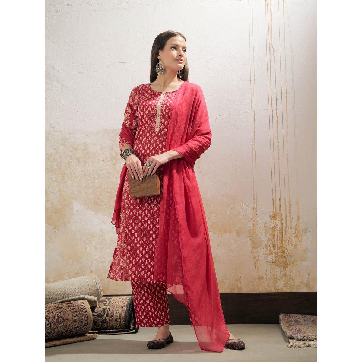 طقم من كورتا بطبعة زهور مع بنطال ودوباتا-women-clothing-ethnicwear-sareesets-image-2