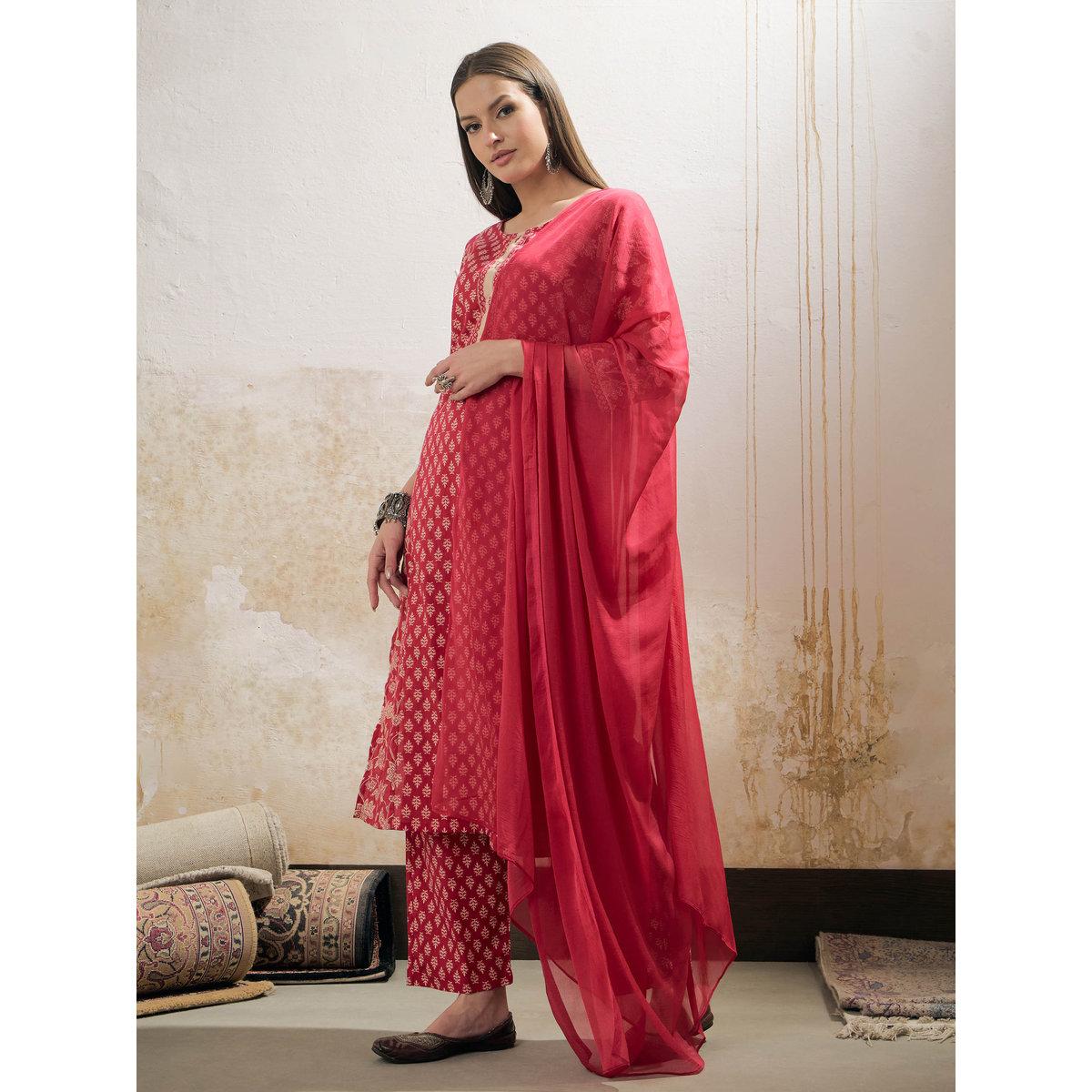 Shae by SASSAFRAS Pink Floral Cambric Kurta with Pencil Pants and Dupatta Set-women-clothing-ethnicwear-sareesets-image-3