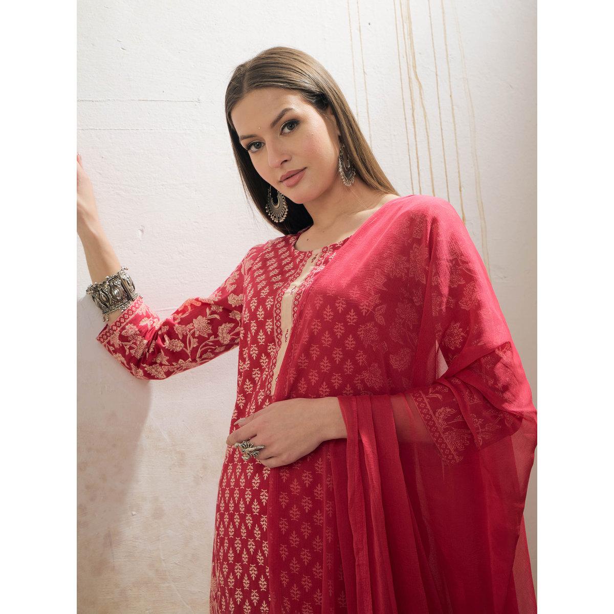 طقم من كورتا بطبعة زهور مع بنطال ودوباتا-women-clothing-ethnicwear-sareesets-image-4