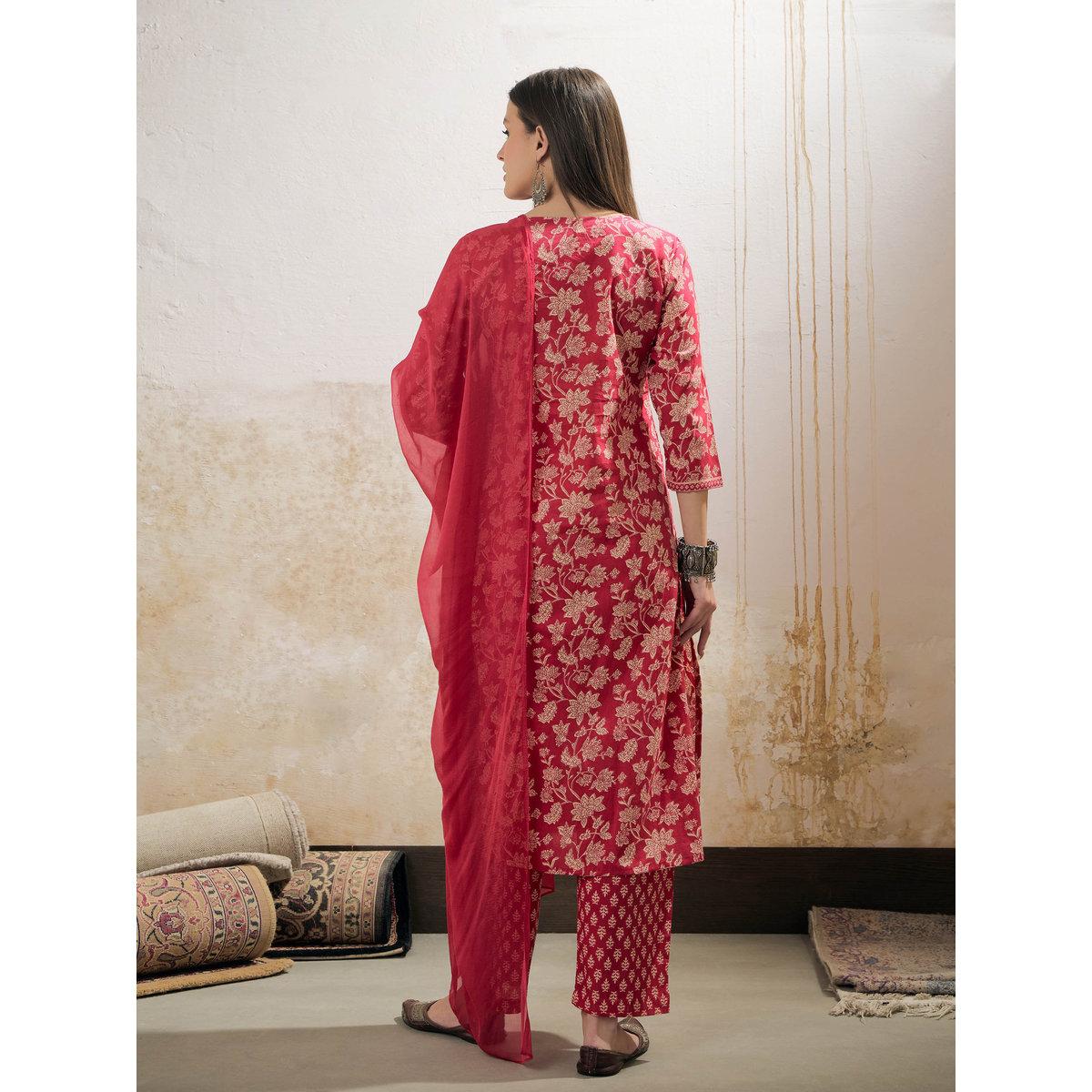 طقم من كورتا بطبعة زهور مع بنطال ودوباتا-women-clothing-ethnicwear-sareesets-image-5