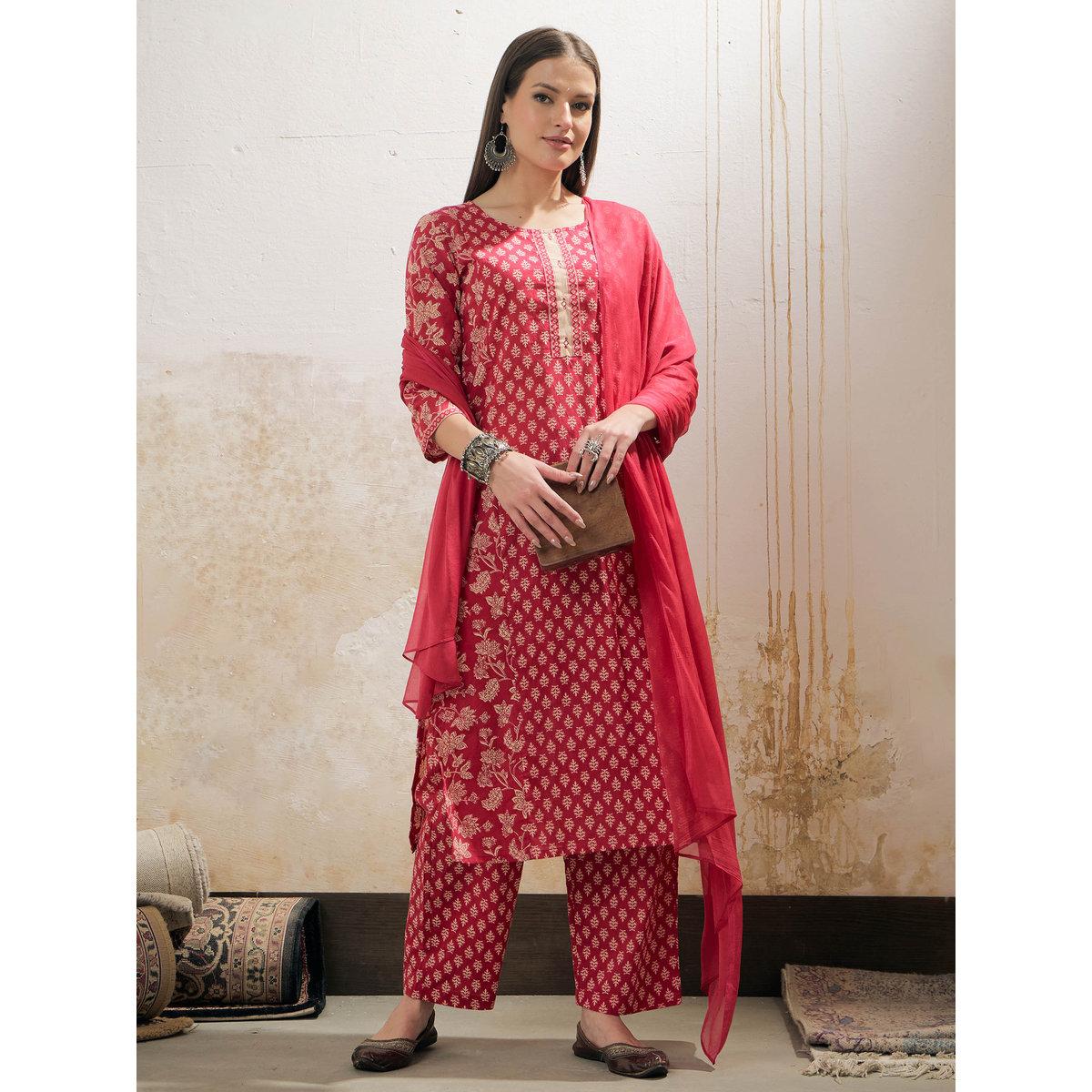 Shae by SASSAFRAS Pink Floral Cambric Kurta with Pencil Pants and Dupatta Set-women-clothing-ethnicwear-sareesets-image-6