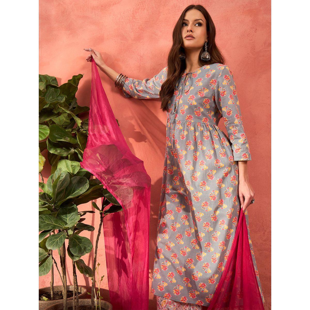 Shae by SASSAFRAS Grey Floral Front Dori Gathered Kurta with Pencil Pants and Dupatta Set-women-clothing-ethnicwear-sareesets-image-1