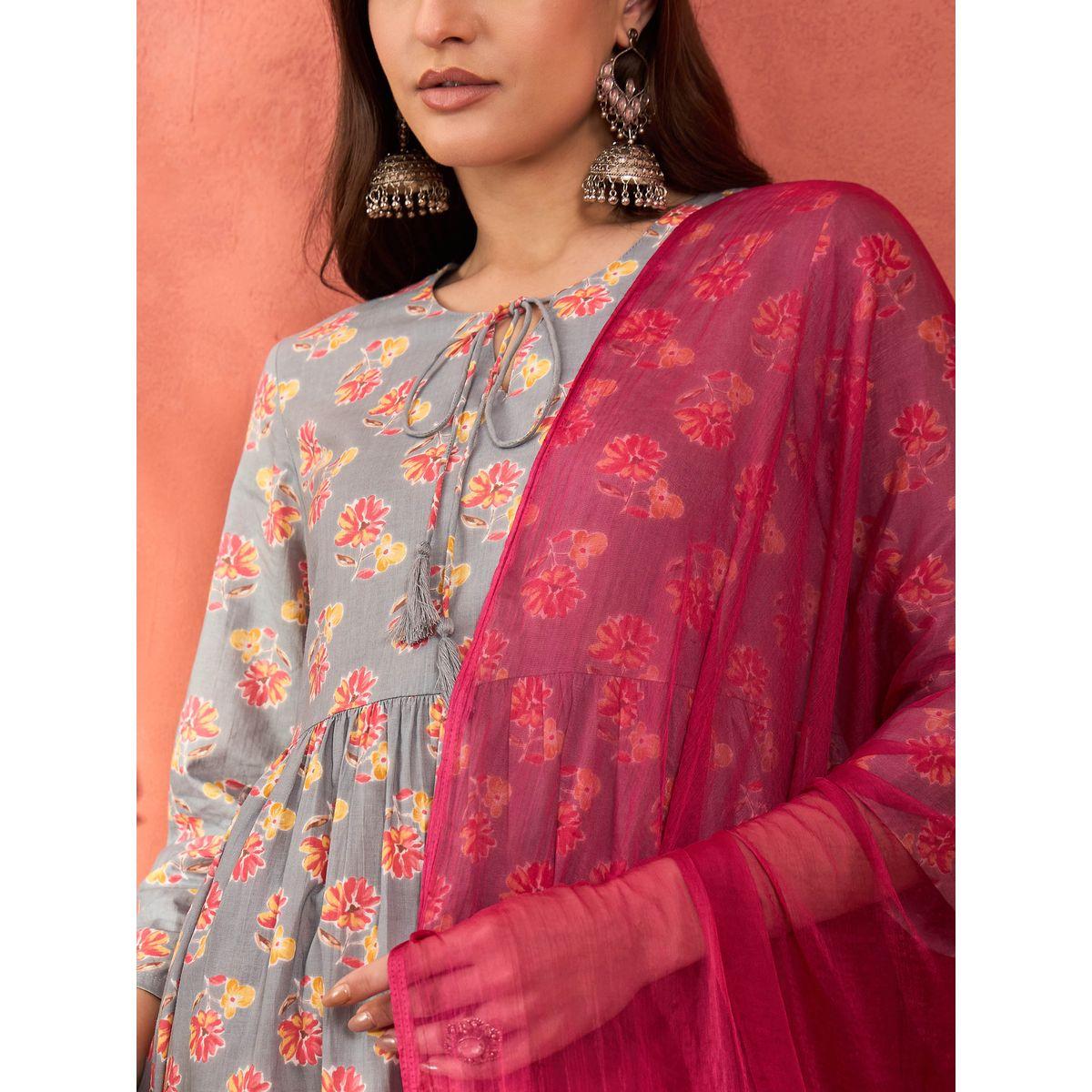 Shae by SASSAFRAS Grey Floral Front Dori Gathered Kurta with Pencil Pants and Dupatta Set-women-clothing-ethnicwear-sareesets-image-10