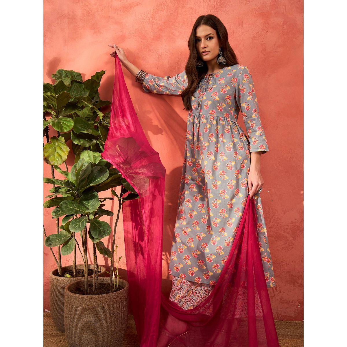Shae by SASSAFRAS Grey Floral Front Dori Gathered Kurta with Pencil Pants and Dupatta Set-women-clothing-ethnicwear-sareesets-image-2