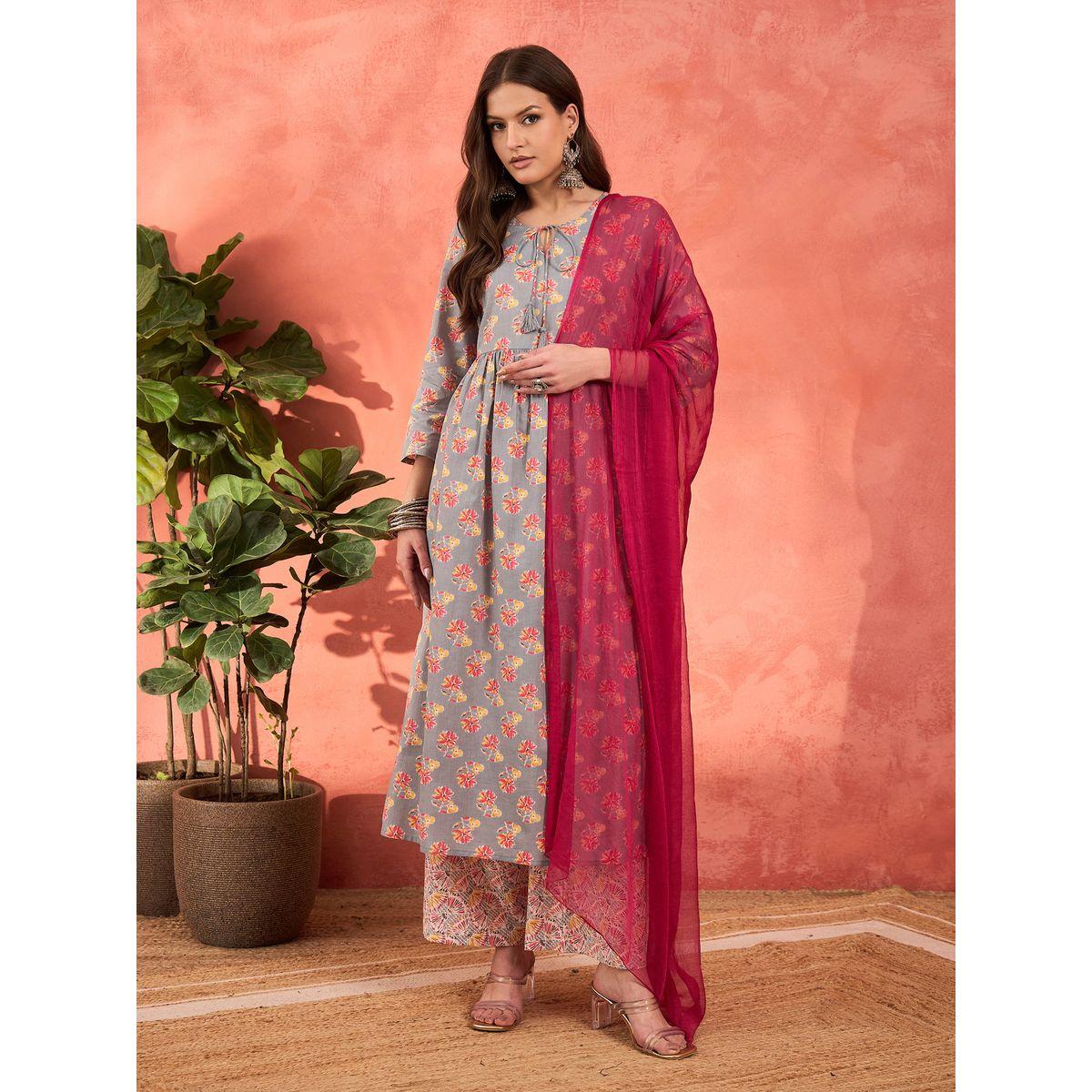 Shae by SASSAFRAS Grey Floral Front Dori Gathered Kurta with Pencil Pants and Dupatta Set-women-clothing-ethnicwear-sareesets-image-3