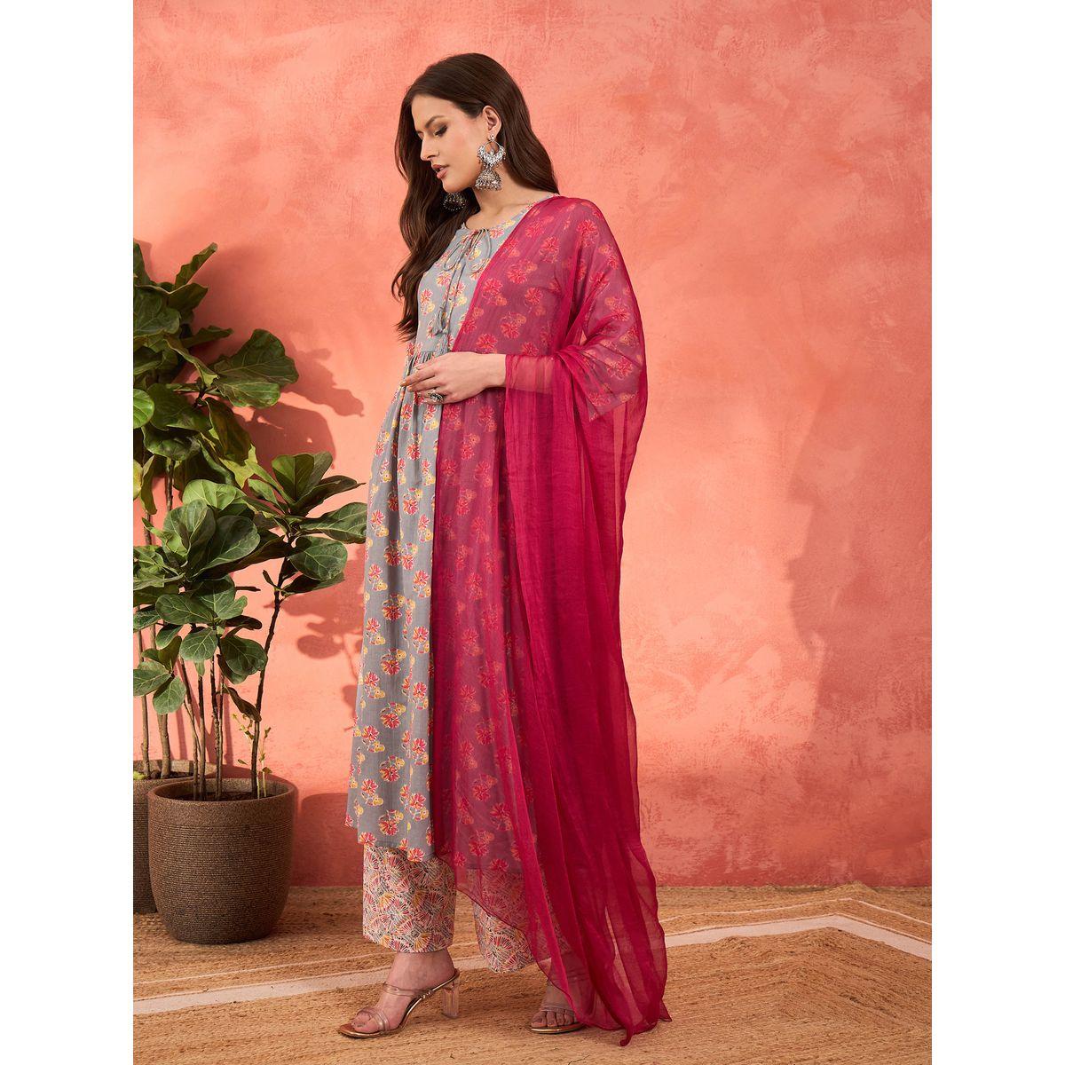 Shae by SASSAFRAS Grey Floral Front Dori Gathered Kurta with Pencil Pants and Dupatta Set-women-clothing-ethnicwear-sareesets-image-4