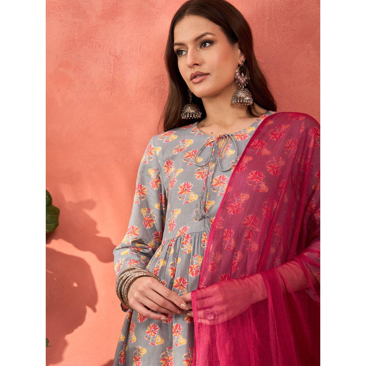 Shae by SASSAFRAS Grey Floral Front Dori Gathered Kurta with Pencil Pants and Dupatta Set-women-clothing-ethnicwear-sareesets-image-5