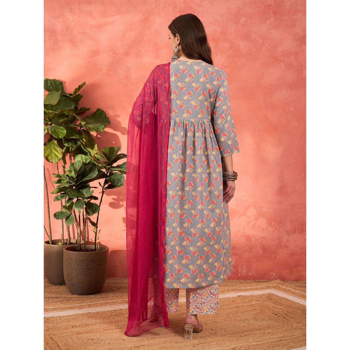 Shae by SASSAFRAS Grey Floral Front Dori Gathered Kurta with Pencil Pants and Dupatta Set-women-clothing-ethnicwear-sareesets-image-7
