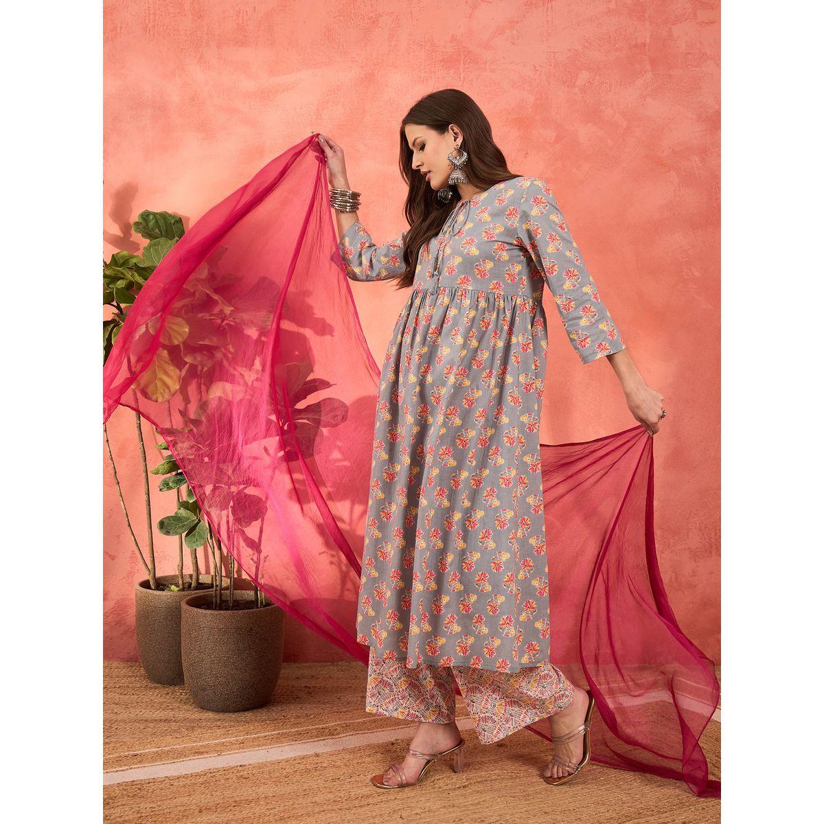Shae by SASSAFRAS Grey Floral Front Dori Gathered Kurta with Pencil Pants and Dupatta Set-women-clothing-ethnicwear-sareesets-image-9