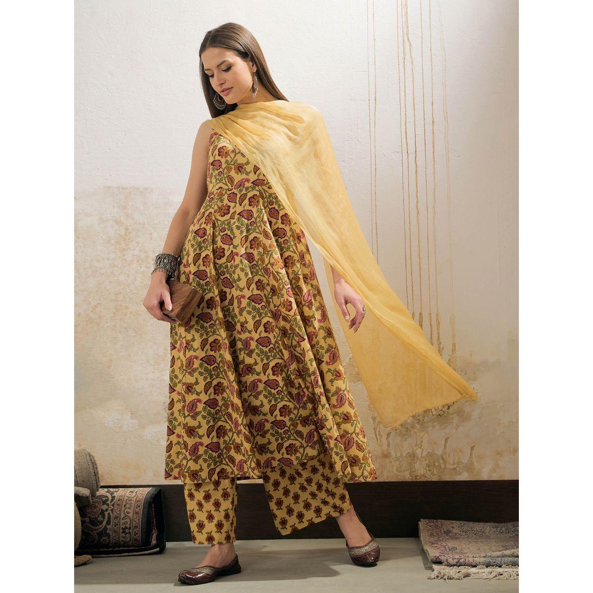 Shae by SASSAFRAS Yellow Floral Sleeveless Kurta with Pencil Pants and Dupatta Set-women-clothing-ethnicwear-sareesets-image-1