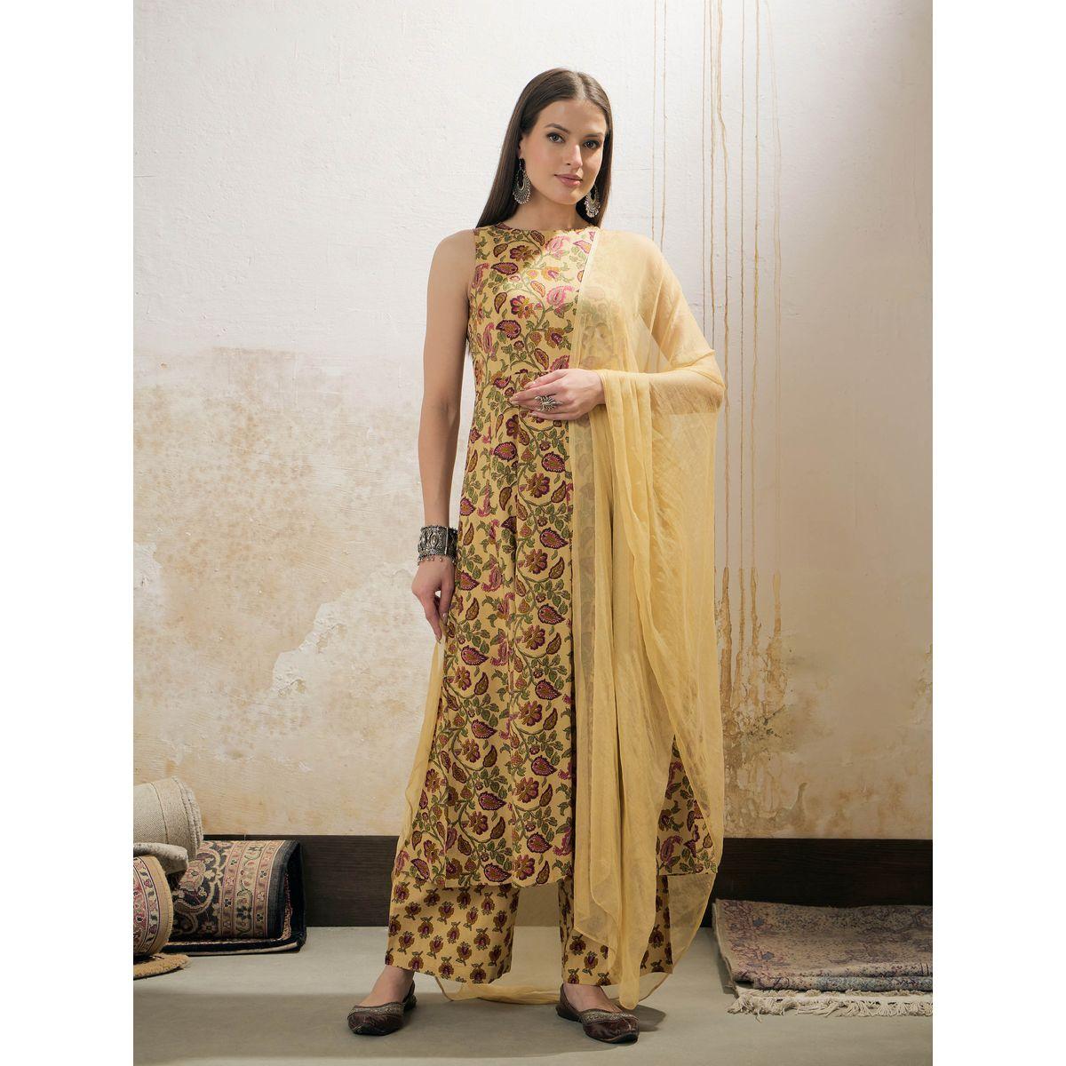 طقم من كورتا بدون أكمام مع بنطال ودوباتا-women-clothing-ethnicwear-sareesets-image-2