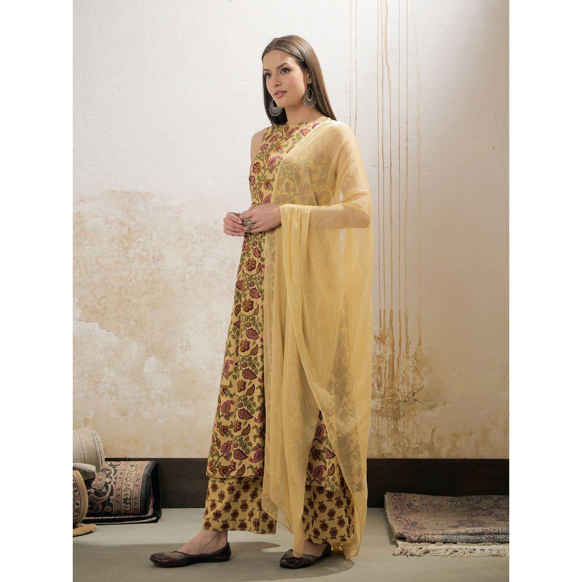 Shae by SASSAFRAS Yellow Floral Sleeveless Kurta with Pencil Pants and Dupatta Set-women-clothing-ethnicwear-sareesets-image-3