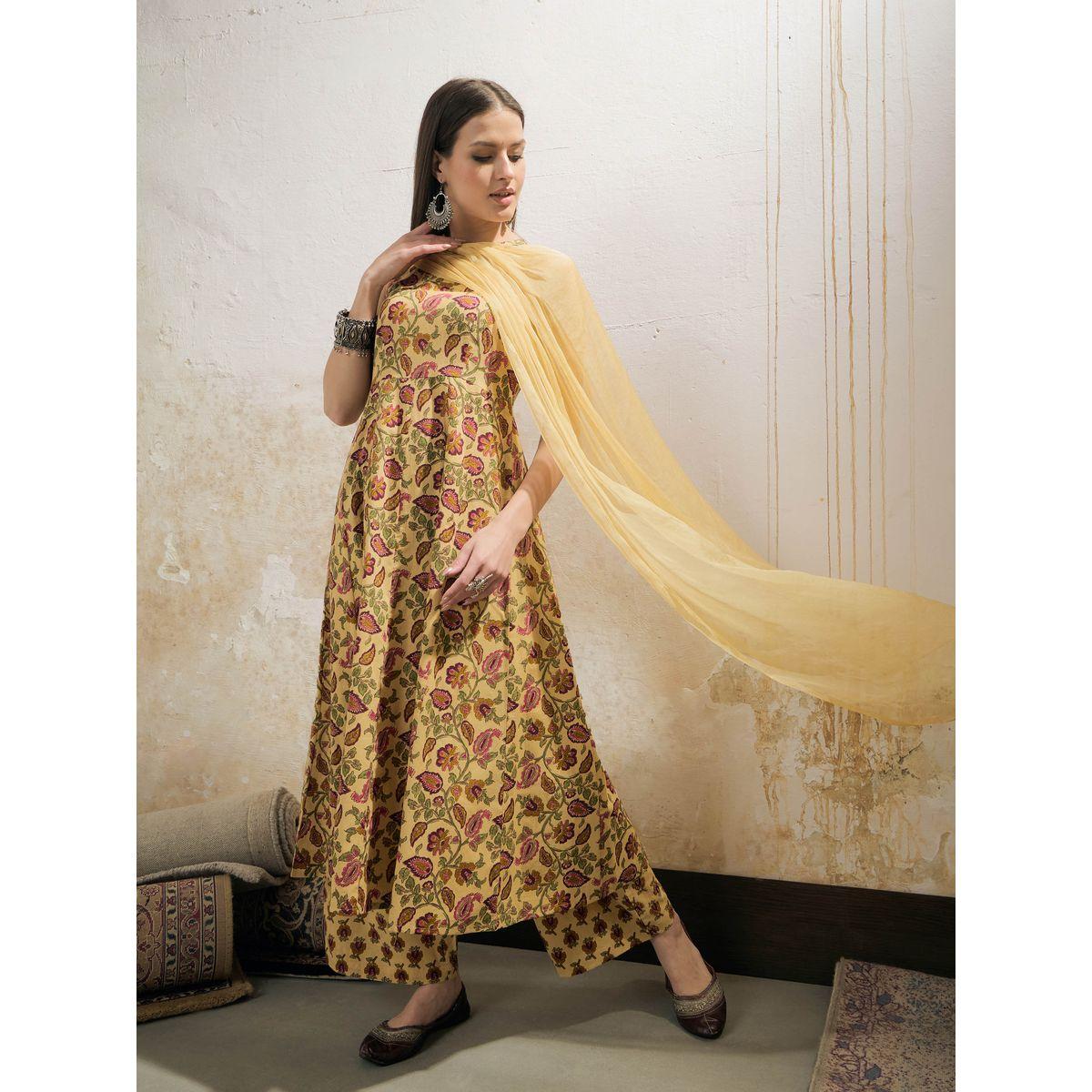 Shae by SASSAFRAS Yellow Floral Sleeveless Kurta with Pencil Pants and Dupatta Set-women-clothing-ethnicwear-sareesets-image-8