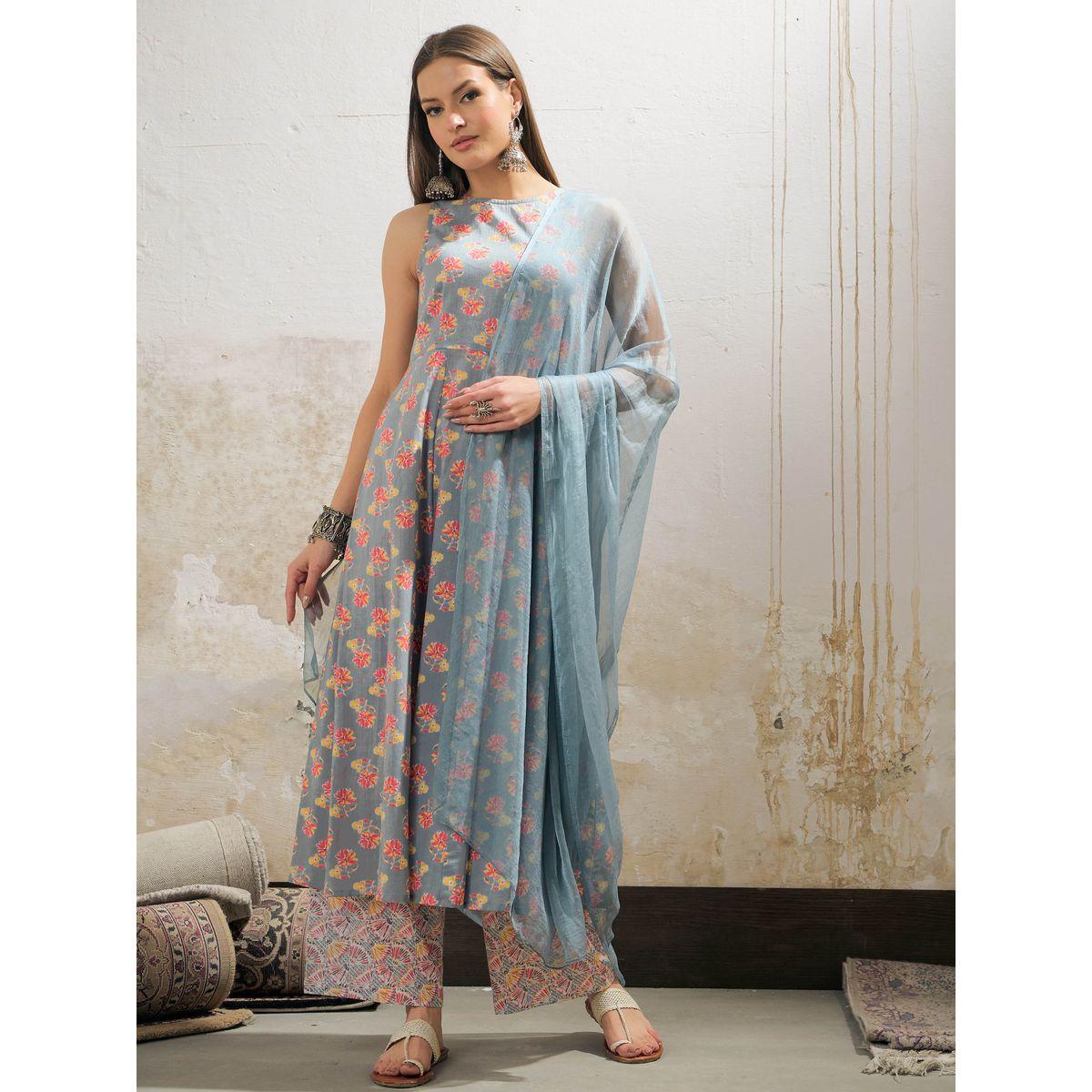طقم من كورتا بدون أكمام مع بنطال ودوباتا-women-clothing-ethnicwear-sareesets-image-1