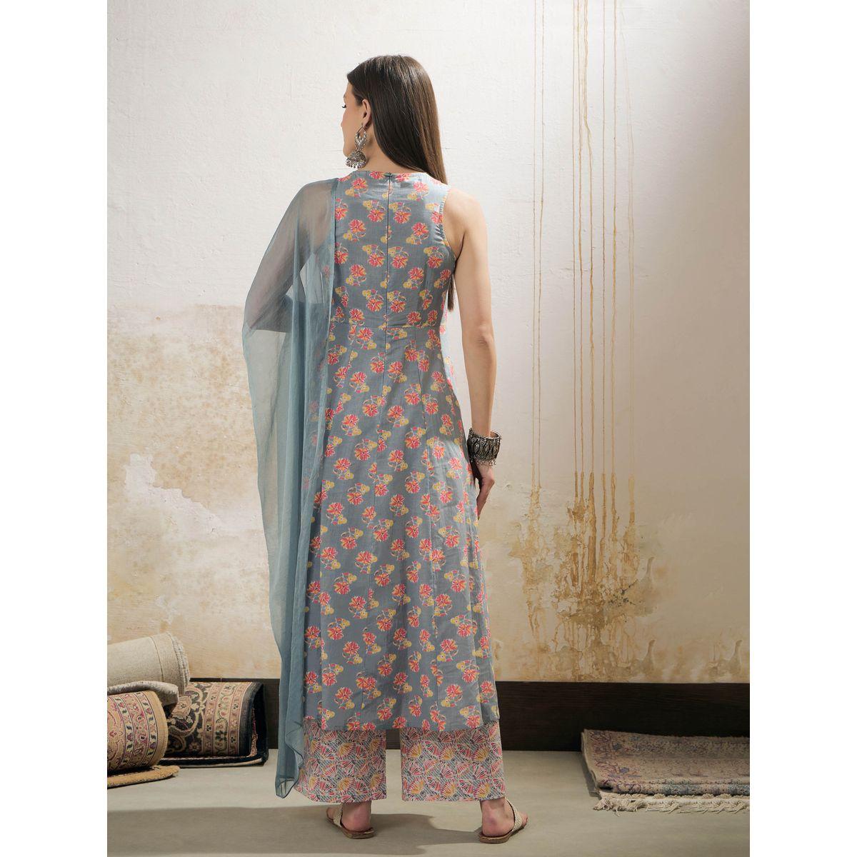 طقم من كورتا بدون أكمام مع بنطال ودوباتا-women-clothing-ethnicwear-sareesets-image-5