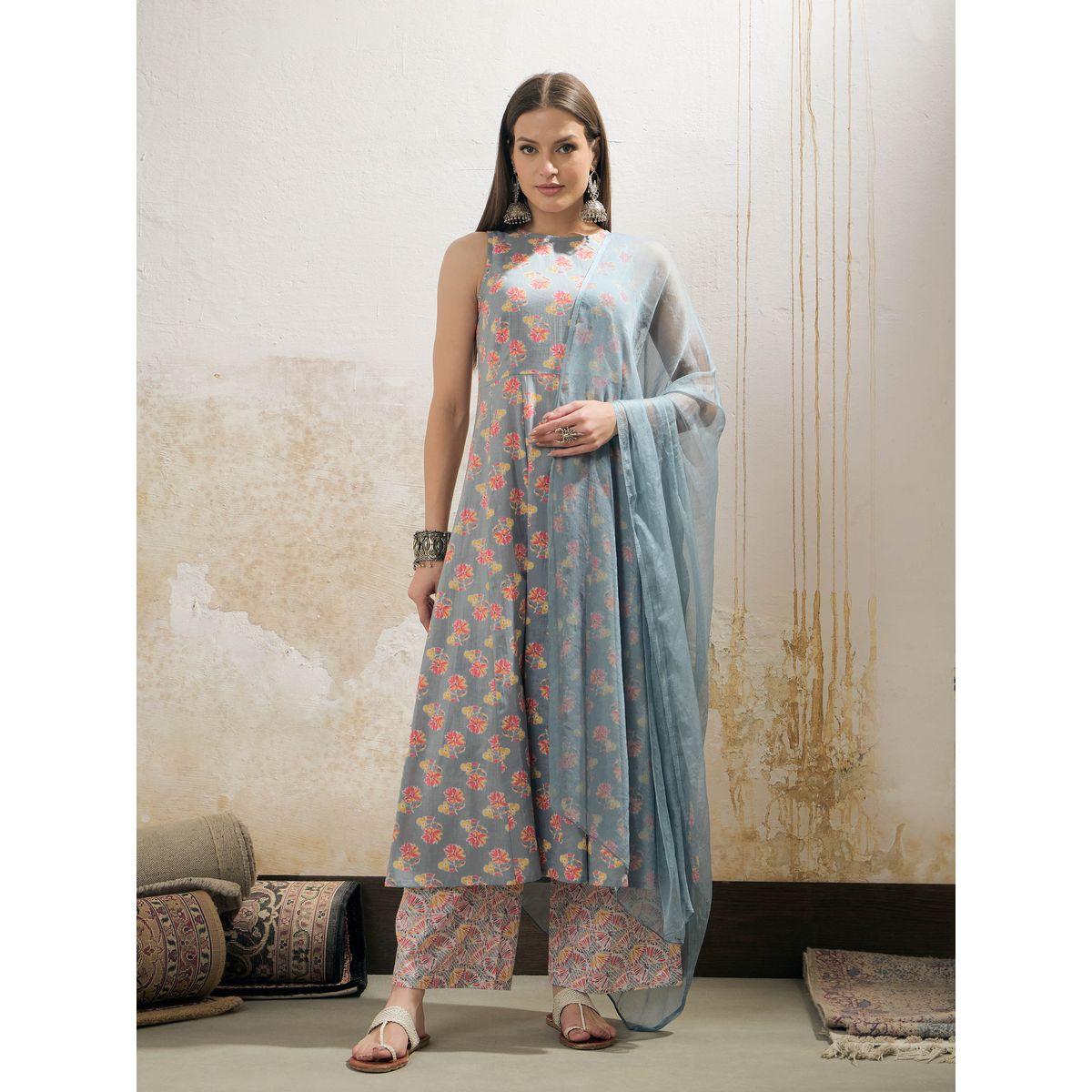 طقم من كورتا بدون أكمام مع بنطال ودوباتا-women-clothing-ethnicwear-sareesets-image-8