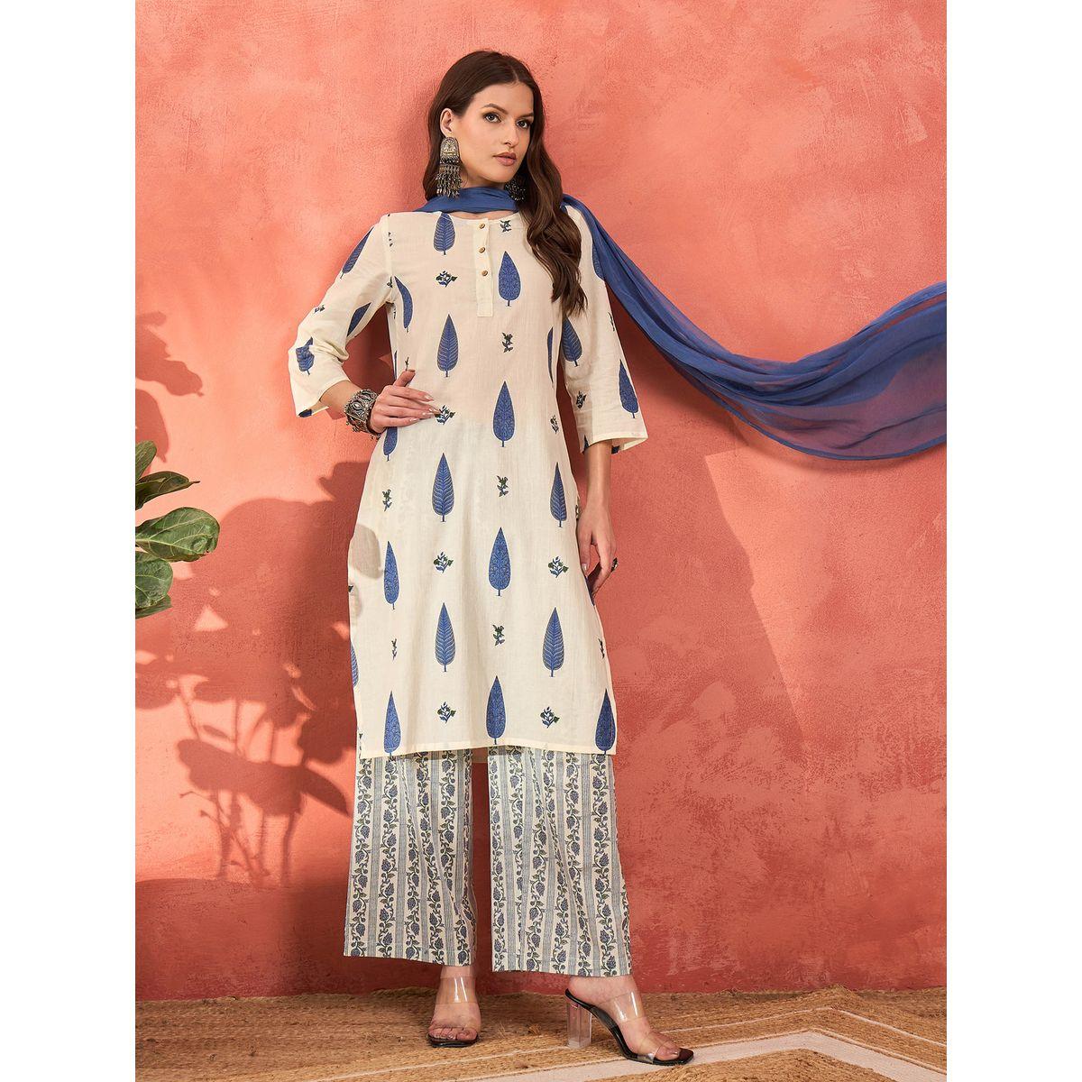 طقم من كورتا بقصة مستقيمة مع بنطال ودوباتا-women-clothing-ethnicwear-sareesets-image-1