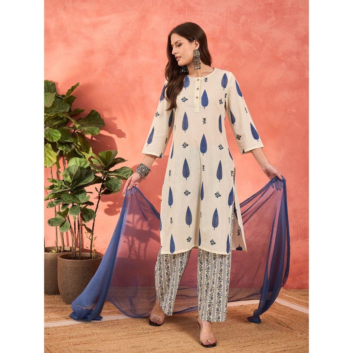 طقم من كورتا بقصة مستقيمة مع بنطال ودوباتا-women-clothing-ethnicwear-sareesets-image-2