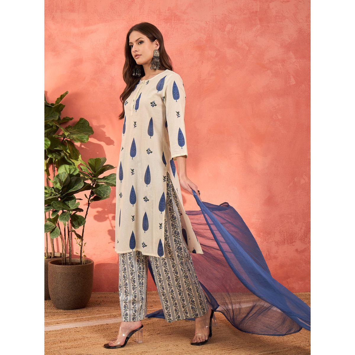 Shae by SASSAFRAS White and Blue Floral Straight Kurta with Pencil Pants and Dupatta Set-women-clothing-ethnicwear-sareesets-image-3