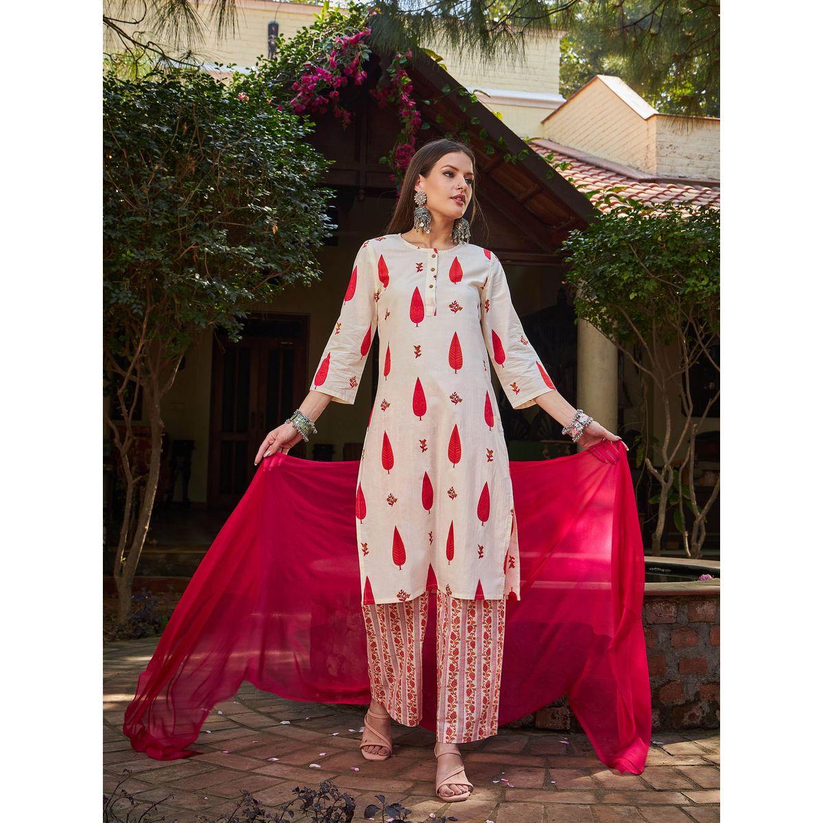 طقم من كورتا بقصة مستقيمة مع بنطال ودوباتا-women-clothing-ethnicwear-sareesets-image-2