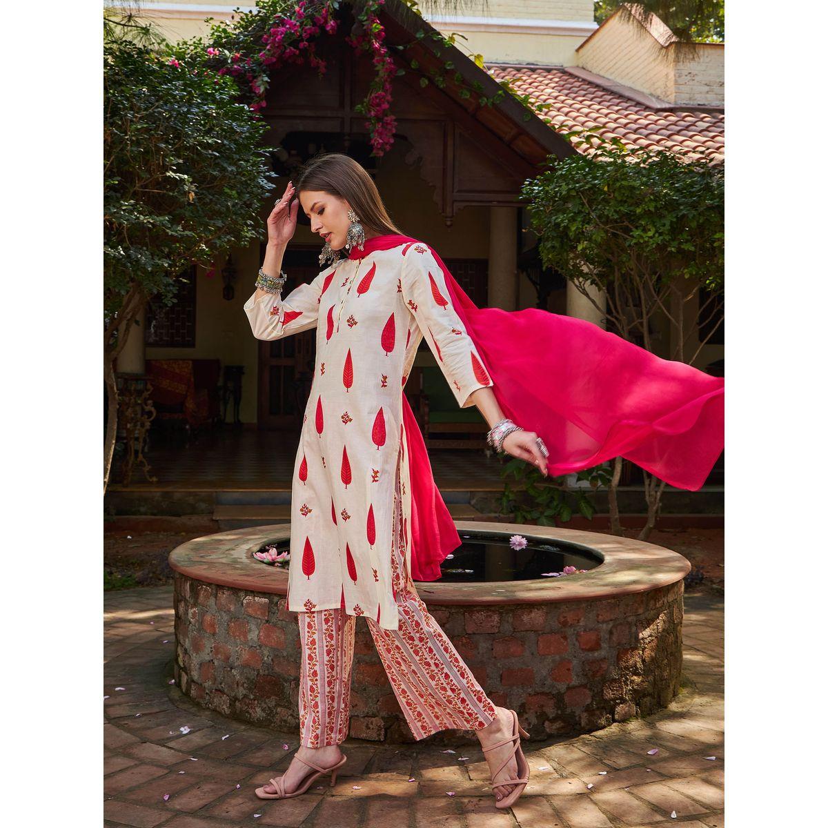 طقم من كورتا بقصة مستقيمة مع بنطال ودوباتا-women-clothing-ethnicwear-sareesets-image-3