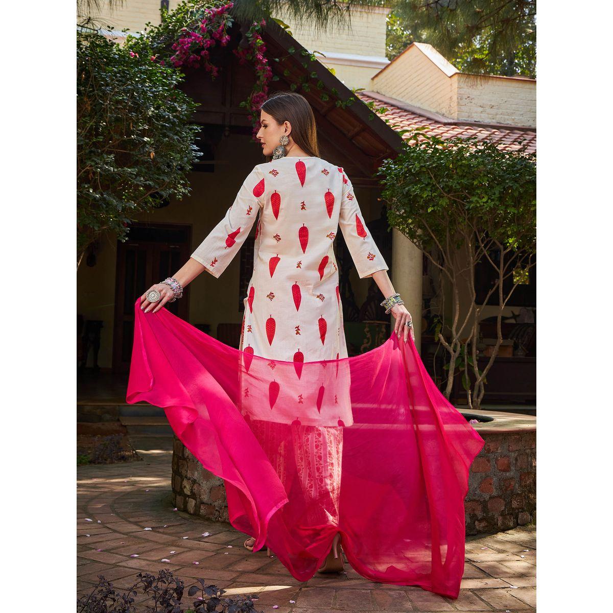 طقم من كورتا بقصة مستقيمة مع بنطال ودوباتا-women-clothing-ethnicwear-sareesets-image-6
