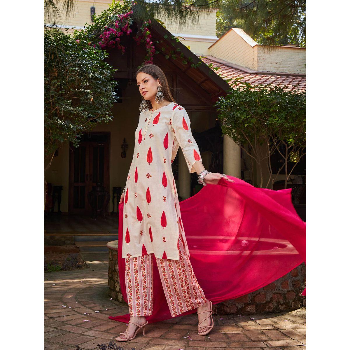 طقم من كورتا بقصة مستقيمة مع بنطال ودوباتا-women-clothing-ethnicwear-sareesets-image-8